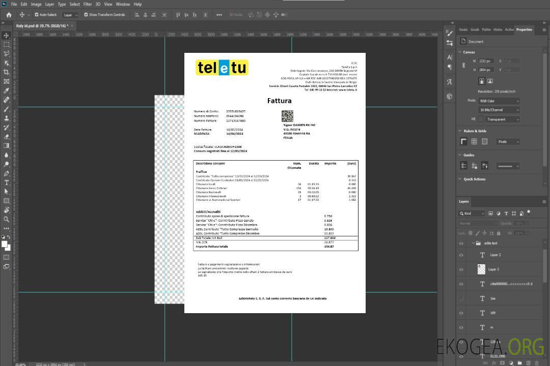 Modèle de facture de services publics d'entreprise Italie TeleTu au format Word et PDF template
